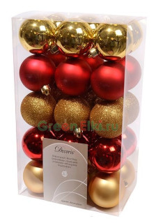 Набор пластиковых шаров Классика 60 мм, красно-золотой, микс, матовые, глянцевые, глиттер 30 шт, Kaemingk, арт. 148133