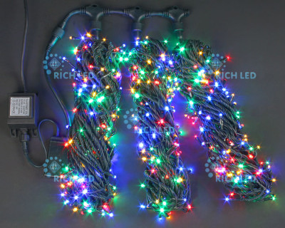 Светодиодная гирлянда Rich LED 3 Нити по 20 м с 2-х канальным контр., 600 LED, 24 В, мульти, зеленый провод, арт. RL-T3*20N2-G/M