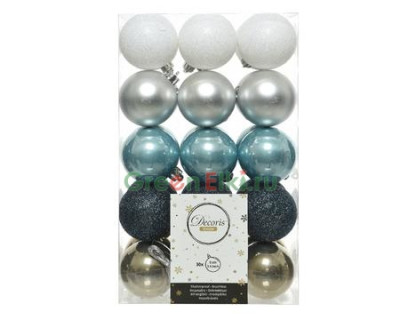 Набор пластиковых шаров Северная ночь 60 мм., белый, голубой, серебро-синий, коричневый, 30 шт., Kaemingk, 167877