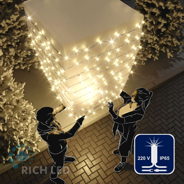Светодиодная гирлянда Rich LED 10 м, 100 LED, 220 В, соединяемая, мерцающая, белый резиновый провод, теплая белая, арт. RL-S10CF-220V-RW/WW