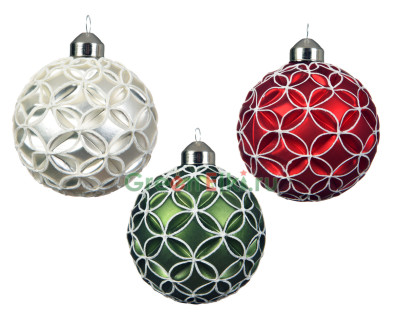 Набор стеклянных шаров Праздничное кружево 80 мм., белый, зелёный, красный, 12 шт., Kaemingk, арт. 060499