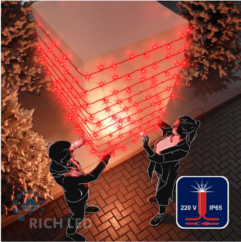 Светодиодная гирлянда Rich LED 10 м, 100 LED, 220 В, соединяемая, мерцающая, красный резиновый провод, красная, арт. RL-S10CF-220V-RR/R