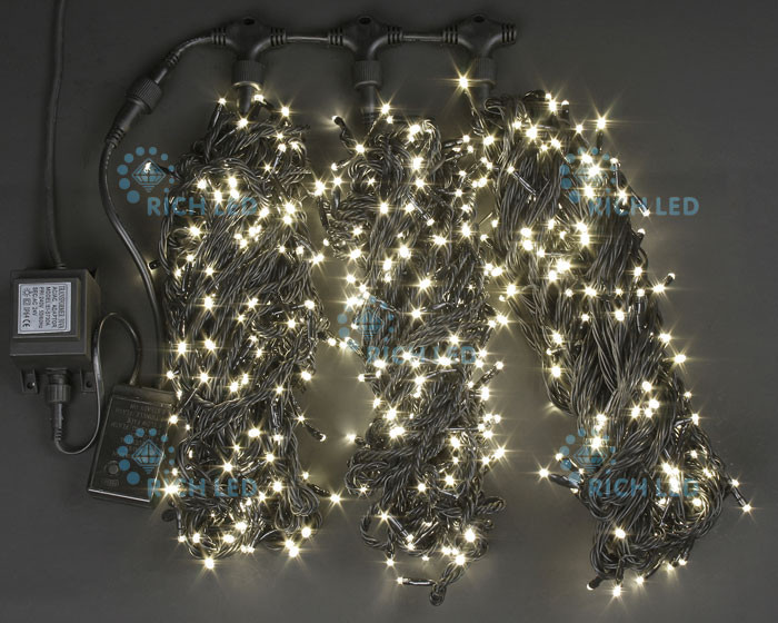 Светодиодная гирлянда Rich LED 3 Нити по 20 м с 2-х канальным контр., 600 LED, 24 В, теплая белая, черный провод, арт. RL-T3*20N2-B/WW
