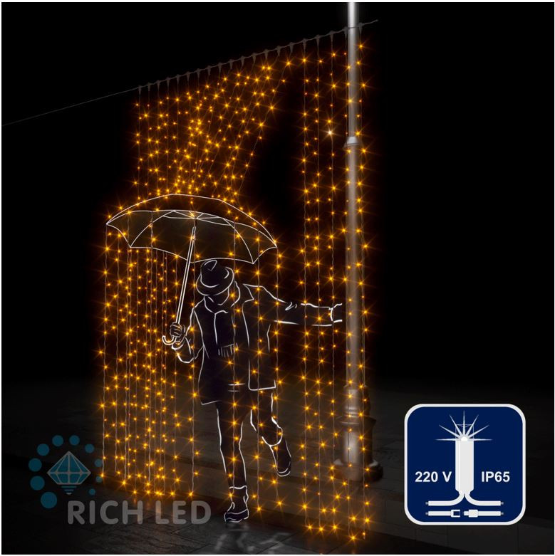 Светодиодный занавес Rich LED 2*3 м, влагозащитный колпачок, мерцающий, желтый, белый провод, арт. RL-C2*3F-CW/Y