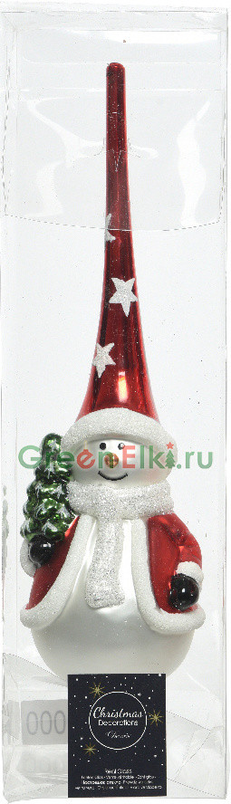 Елочная макушка Снеговик 28 см., белый, красный, глянцевая, глиттер, KAEMINGK, арт. 178921