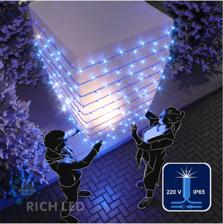 Светодиодная гирлянда Rich LED 10 м, 100 LED, 220 В, соединяемая, мерцающая, синий резиновый провод, синяя, арт. RL-S10CF-220V-RB/B