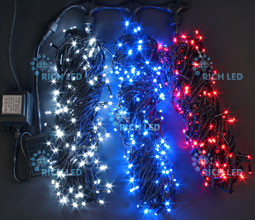 Светодиодная гирлянда Rich LED 3 Нити по 20 м с 2-х канальным контр., 600 LED, 24 В, триколор, черный провод, арт. RL-T3*20N2-B/WBR