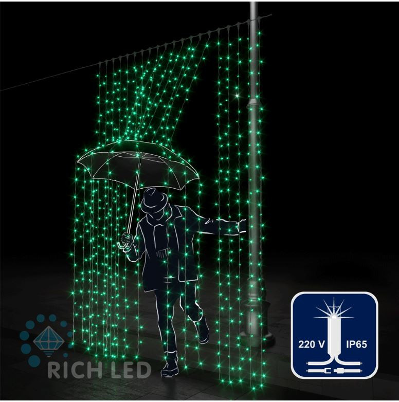 Светодиодный занавес Rich LED 2*3 м, влагозащитный колпачок, мерцающий, зеленый, белый провод, арт. RL-C2*3F-CW/G