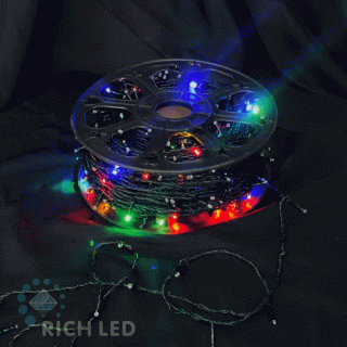 Светодиодная гирлянда Rich LED 100 м в бобине, 500 LED, 24 В, мульти, полный флеш, черн/зел провод, резка 5 LED, арт. RL-S100FF-24V-BG/M