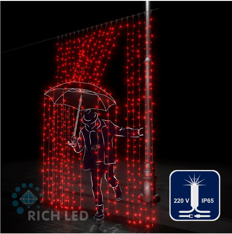 Светодиодный занавес Rich LED 2*3 м, влагозащитный колпачок, мерцающий, красный, белый провод, арт. RL-C2*3F-CW/R