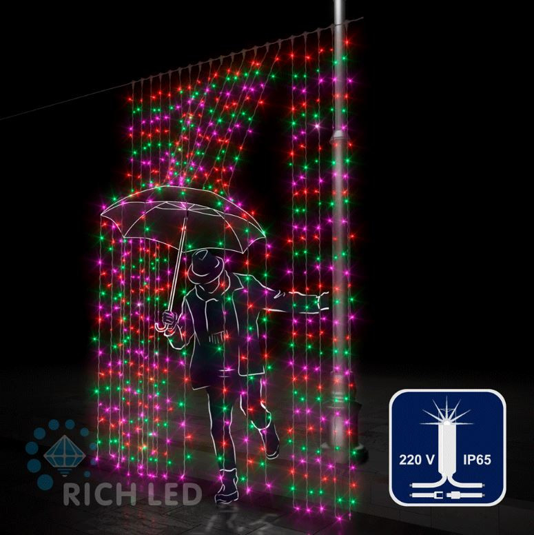 Светодиодный занавес Rich LED 2*3 м, влагозащитный колпачок, мерцающий, мульти, белый провод, арт. RL-C2*3F-CW/M