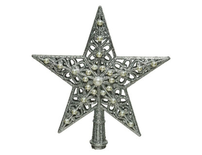 Верхушка Звезда Ажурная 21 см, с бусинками, серебро, пластик, арт. 521156