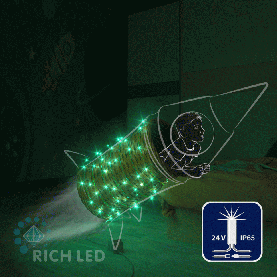 Светодиодная гирлянда Rich LED 10 м, 100 LED, 24В, соединяемая, влагозащитный колпачек, зеленая, мерцающая, прозрачный провод, арт. RL-S10CF-24V-CT/G