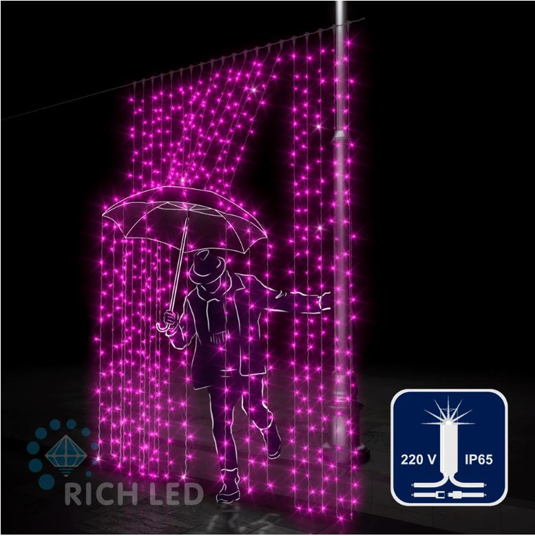 Светодиодный занавес Rich LED 2*3 м, влагозащитный колпачок, мерцающий, розовый, белый провод, арт. RL-C2*3F-CW/P