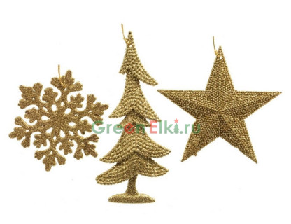 Елочное украшение - подвеска Зимняя сказка, золото, глиттер, 3 шт., Kaemingk, арт. 164828