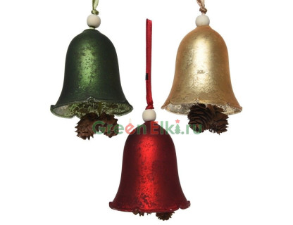 Набор елочных украшений Колокольчики с шишками 8 см., стекло, золотой, красный, зелёный, 12 шт., Kaemingk, арт. 129562