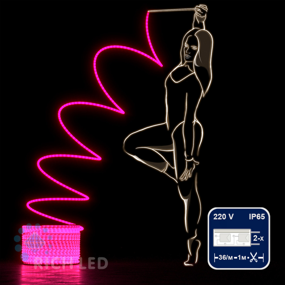 Светодиодный дюралайт Rich LED, 2-х проводной, матовый, розовый, кратность резки 1 метр,  диаметр 13 мм, 220 В,100 м, арт. RL-DL-2WHM-100-240-P