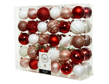 Набор пластиковых шаров Новогодний Кутюрье, коллекция Клюквенное суфле со сливками, 60-70 мм., 60 шт., Kaemingk, арт. 029270