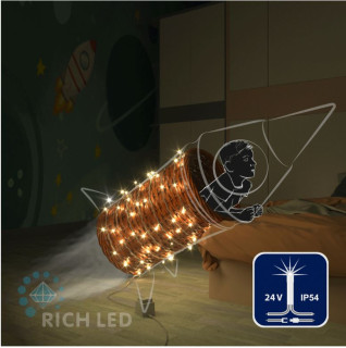 Светодиодная гирлянда Rich LED 10 м, 100 LED, 24 В, защита IP54, соединяемая, теплая белая, мерцающая, прозрачный провод, арт. RL-S10CF-24V-T/WW