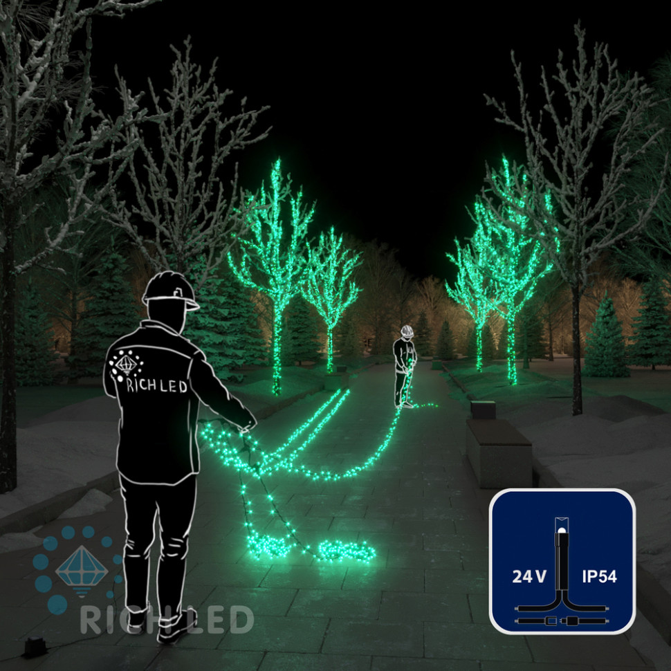 Светодиодная гирлянда Rich LED 5 Нитей по 20 м, 1000 LED, 24 В, зеленая, черный провод, арт. RL-S5*20-B/G