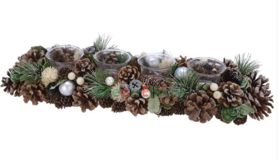 Подсвечник Жемчужные Нотки, на четыре свечи, с шишками и ягодами, 45х15х9,5см, KAEMINGK, арт. 161592