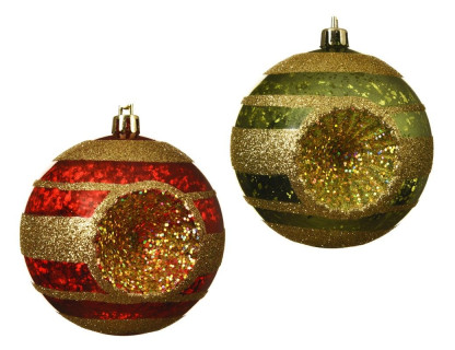 Набор пластиковых шаров Ретро с искорками 80 мм., красный и сосновый зелёный, 12 шт., Kaemingk, арт. 025804