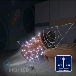Светодиодная гирлянда Rich LED 10 м, 100 LED, 24 В, соединяемая, белая, мерцающая, прозрачный провод, арт. RL-S10CF-24V-T/W