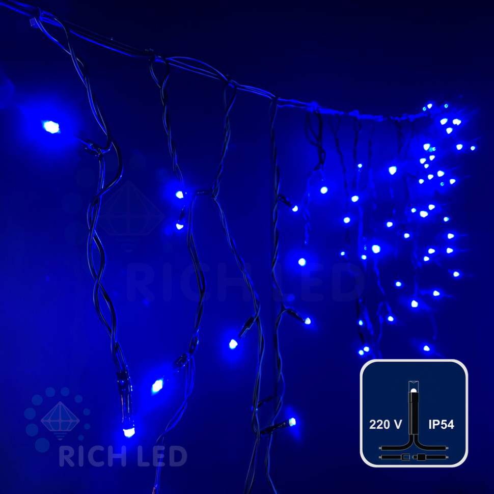 Светодиодная бахрома Rich LED, 3*0.5 м, синяя, черный провод, арт. RL-i3*0.5-B/B