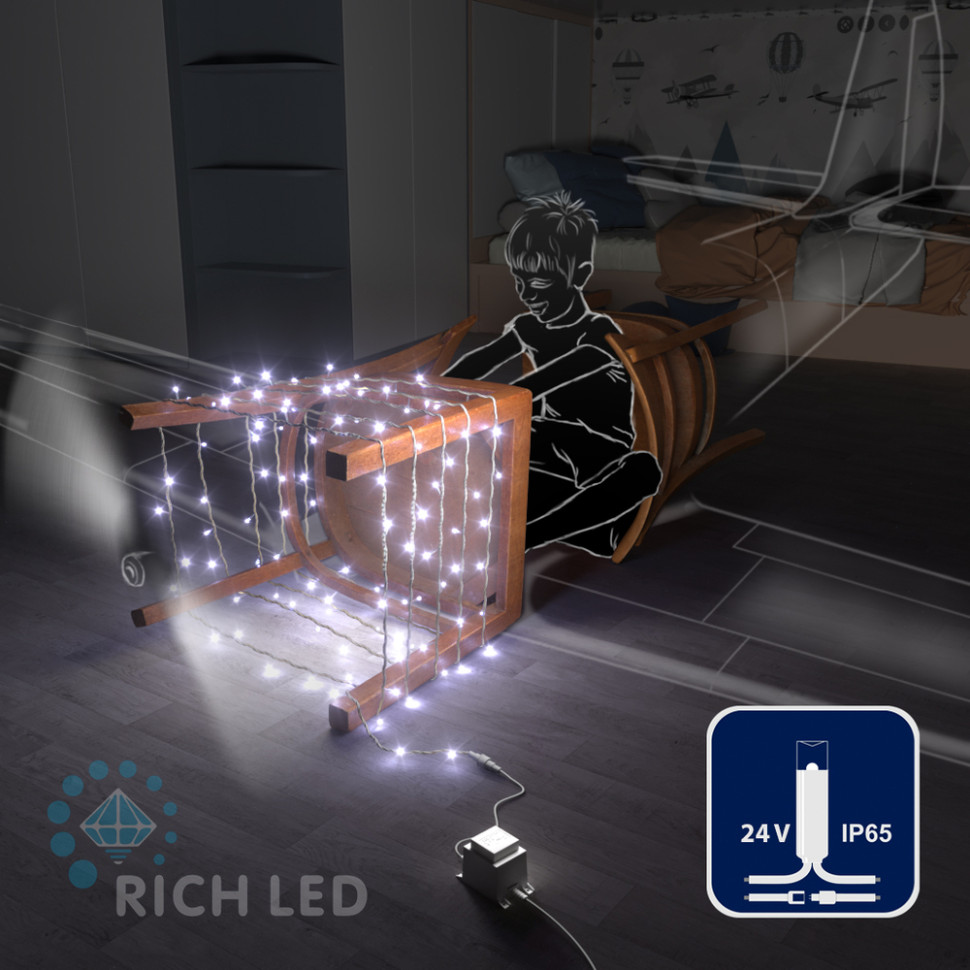 Светодиодная гирлянда Rich LED 10 м, 100 LED, 24 В, соединяемая, белая, белый резиновый провод, арт. RL-S10C-24V-RW/W