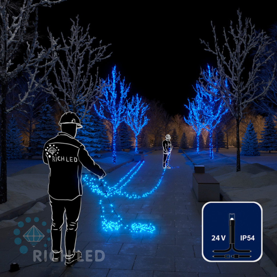 Светодиодная гирлянда Rich LED 5 Нитей по 20 м, 1000 LED, 24 В, синяя, черный провод, арт. RL-S5*20-B/B
