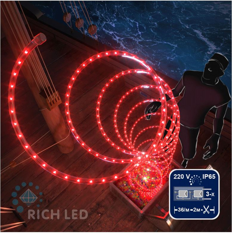 Светодиодный дюралайт Rich LED, 3-х проводной, красный, кратность резки 2 метра,  диаметр 13 мм, 220 В, 100 м, арт. RL-DL-3W-100-240-R
