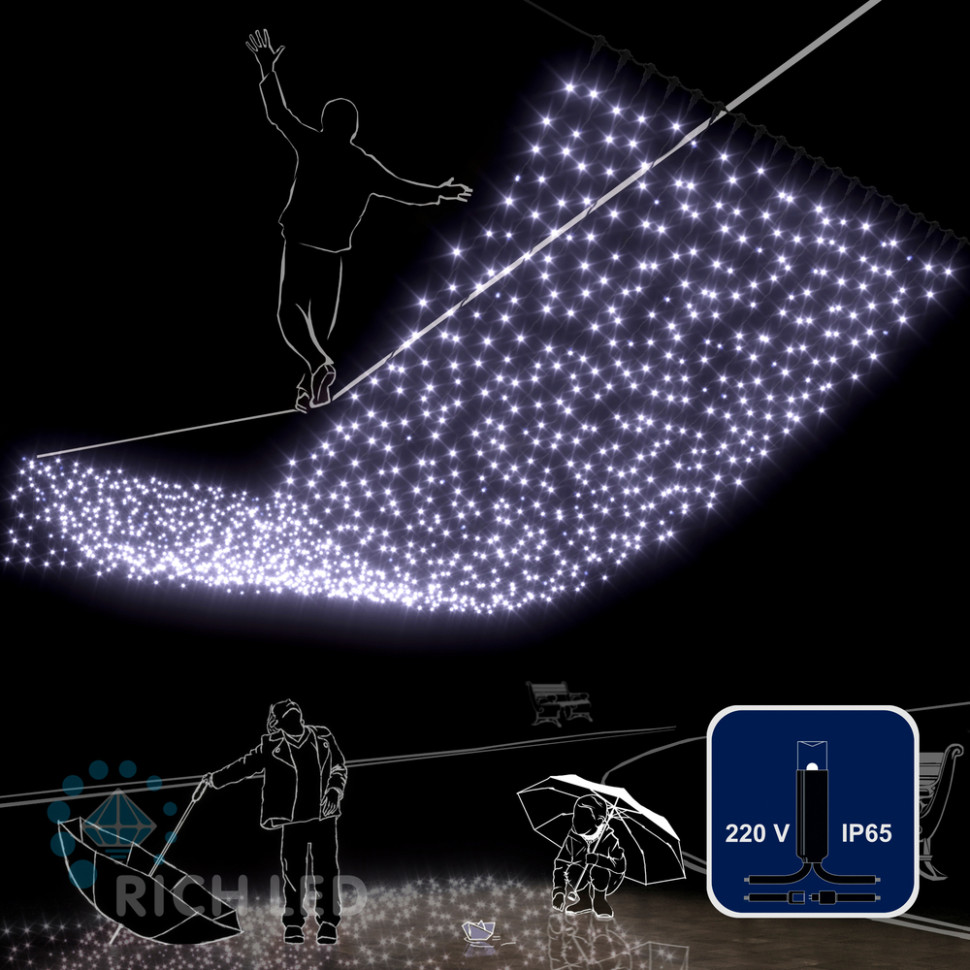 Светодиодный занавес Rich LED 2*6 м, влагозащитный колпачок, белый, черный провод, арт. RL-C2*6-CB/W
