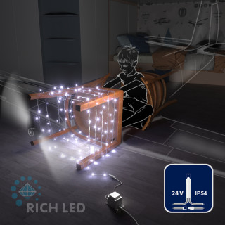 Светодиодная гирлянда Rich LED 10 м, 100 LED, 24 В, соединяемая, белая, прозрачный провод, арт. RL-S10C-24V-T/W