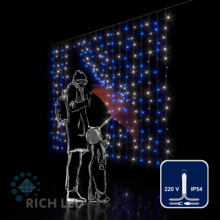 Светодиодный занавес Rich LED 2*1.5 м, облегченный, сине-белый, прозрачный провод, арт. RL-CS2*1.5-T/BW