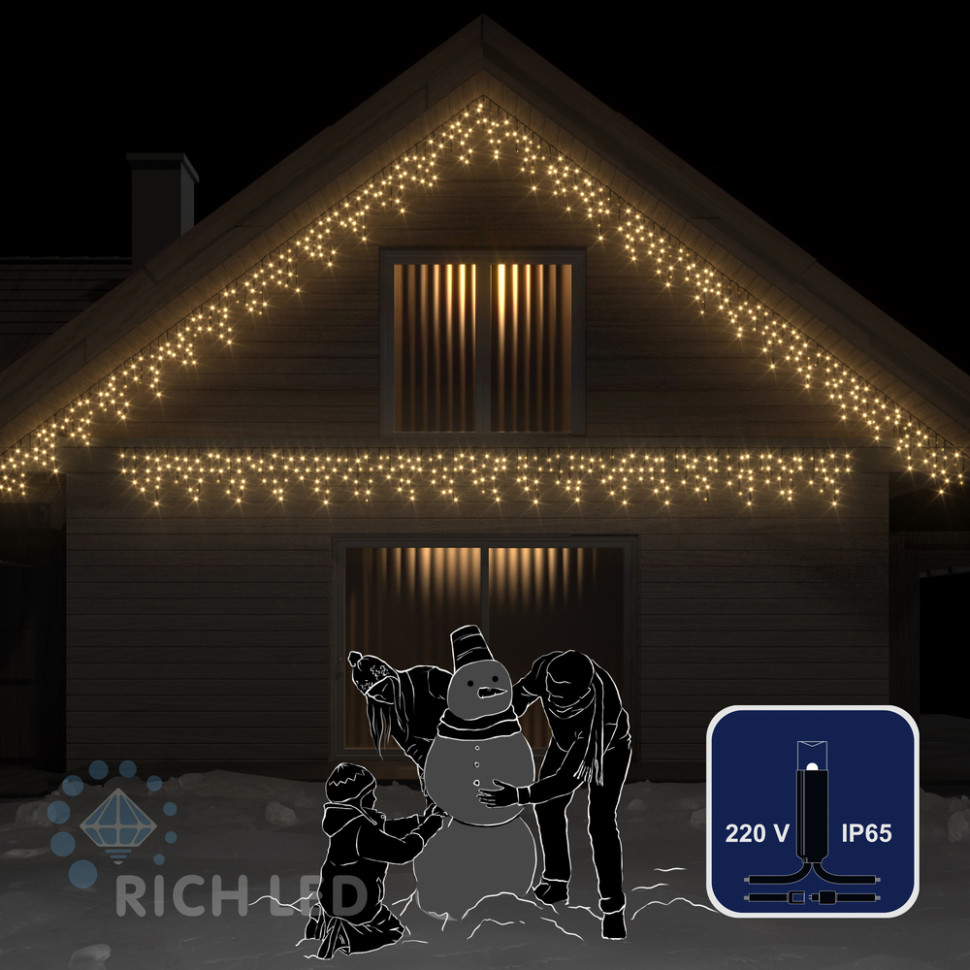 Светодиодная бахрома Rich LED, 3*0.5 м, теплая белая, мерцающая, черный резиновый провод, арт. RL-i3*0.5F-RB/WW