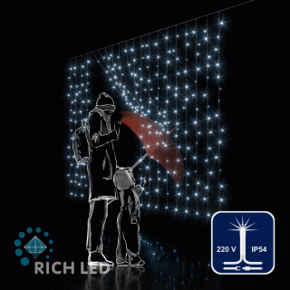 Светодиодный занавес Rich LED 2*1.5 м, облегченный, с мерцанием, белый, прозрачный провод, арт. RL-CS2*1.5F-T/W
