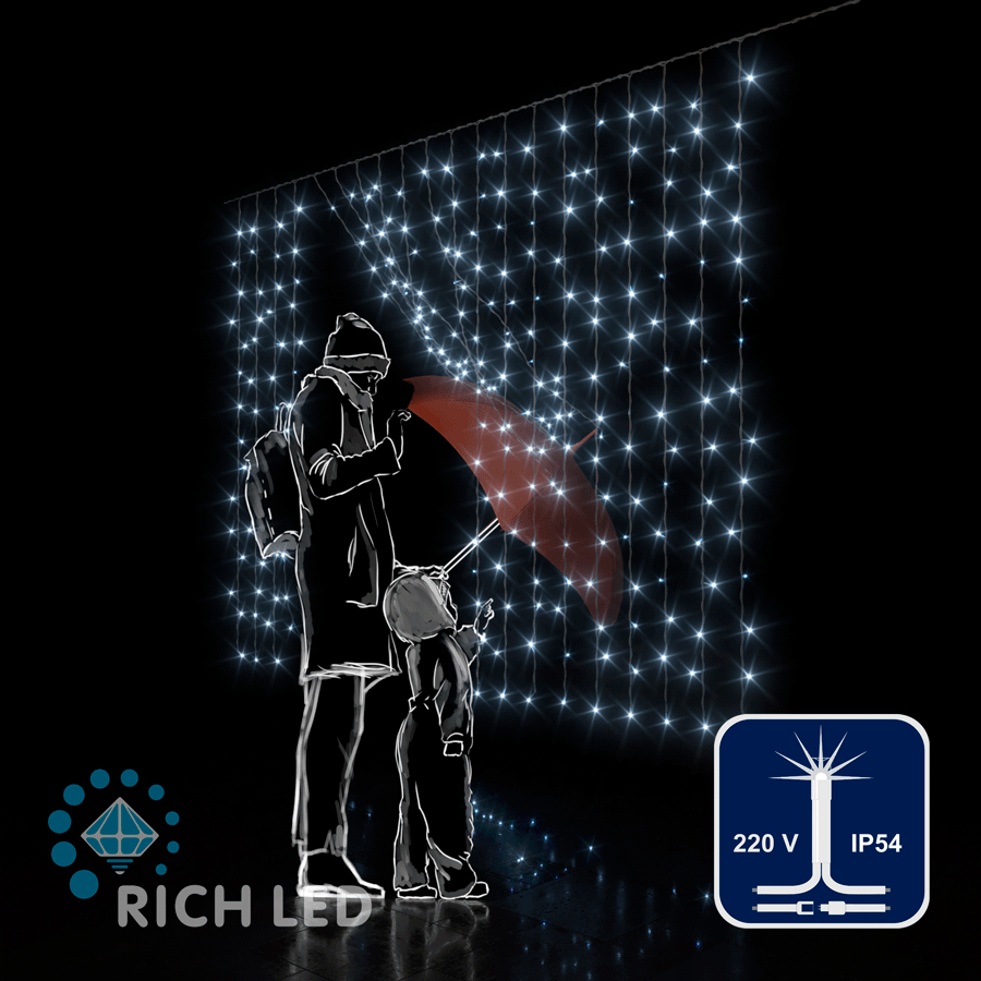Светодиодный занавес Rich LED 2*1.5 м, облегченный, с мерцанием, белый, прозрачный провод, арт. RL-CS2*1.5F-T/W
