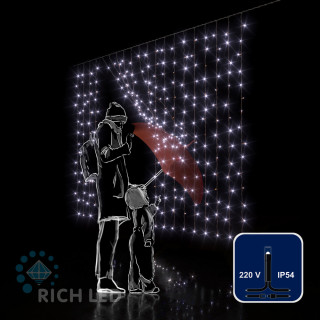Светодиодный занавес Rich LED 2*1.5 м, облегченный, белый, черный провод, арт. RL-CS2*1.5-B/W