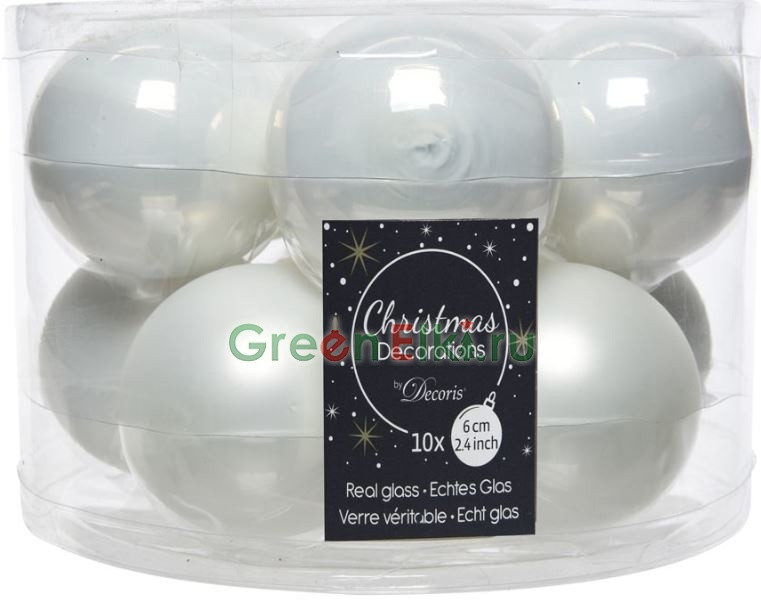 Набор стеклянных шаров 60 мм., глянцевые и матовые, белый, 10 шт., Kaemingk, арт. 140135