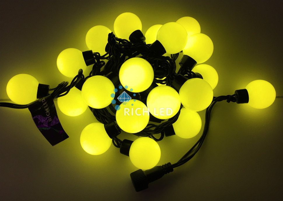 Светодиодная гирлянда большие шарики Rich LED 5 м, 20 шариков, 220 В, соединяемая, желтая, черный провод, арт. RL-S5-20C-40B-B/Y