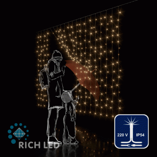 Светодиодный занавес Rich LED 2*1.5 м, облегченный, теплый белый, черный провод, арт. RL-CS2*1.5-B/WW