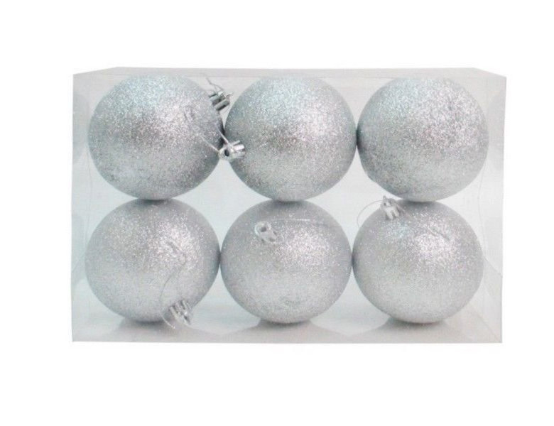 Набор однотонных пластиковых шаров, глиттер, серебро, 80 мм, 6 шт.