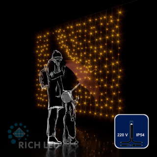 Светодиодный занавес Rich LED 2*1.5 м, облегченный, желтый, черный провод, арт. RL-CS2*1.5-B/Y