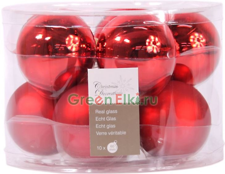 Набор стеклянных шаров 60 мм., глянцевые и матовые, красный, 10 шт., Kaemingk, арт. 140138
