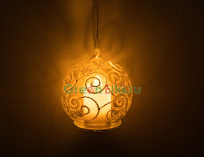 Украшение на елку Свеча в Шаре 10х10 см., орнамент завитки, тёплый белый LED-огонь, Edelman, арт. 1088131-1