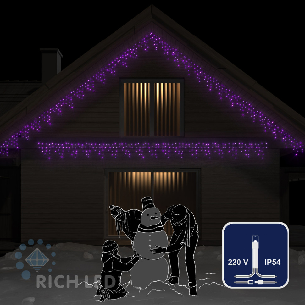 Светодиодная бахрома Rich LED, 3*0.5 м, фиолетовая, мерцающая, прозрачный провод, арт. RL-i3*0.5F-T/V