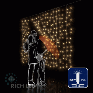Светодиодный занавес Rich LED 2*1.5 м, облегченный, влагозащитный колпачок, с мерцанием, теплый белый, белый провод, арт. RL-CS2*1.5F-CW/WW