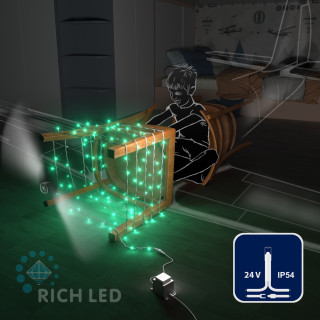 Светодиодная гирлянда Rich LED 10 м, 100 LED, 24 В, соединяемая, зеленая, белый провод, арт. RL-S10C-24V-W/G
