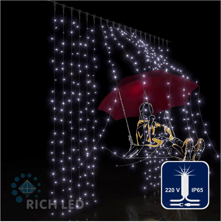 Светодиодный занавес Rich LED 2*2 м, влагозащитный колпачок, белый, белый провод,, арт. RL-C2*2-CW/W