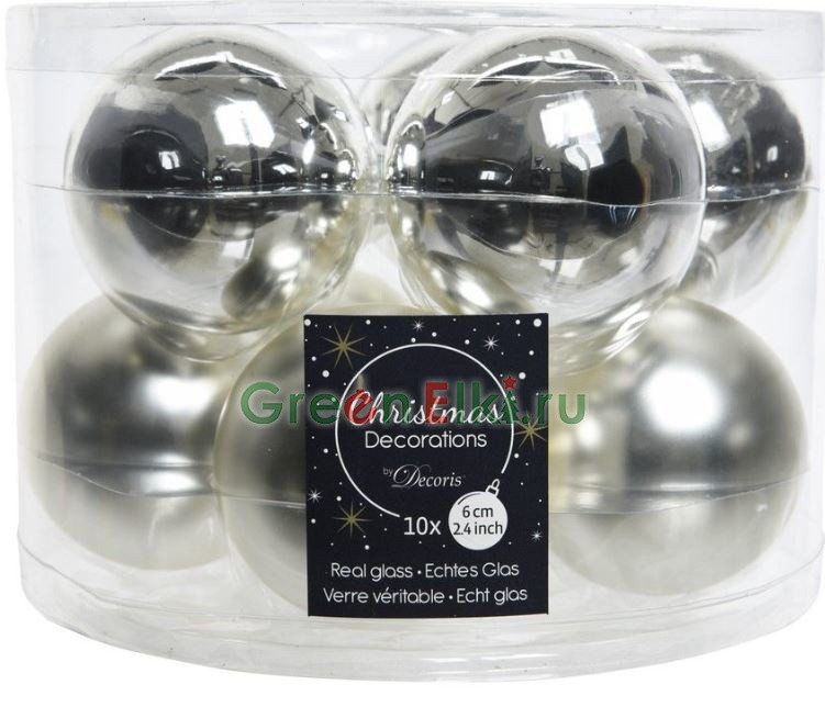 Набор стеклянных шаров 60 мм., глянцевые и матовые, серебряный, 10 шт., Kaemingk, арт. 140132